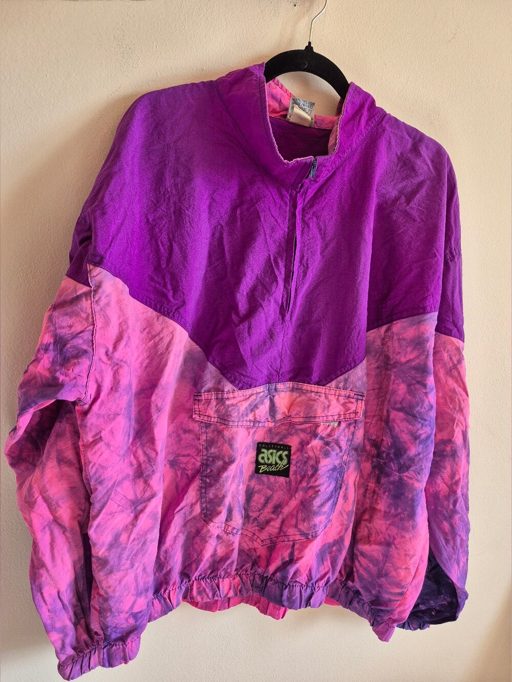 Vintage Asics 1/2 Zip Windbreaker Jacket Kangaroo Pocket Neon Pink Purple XL